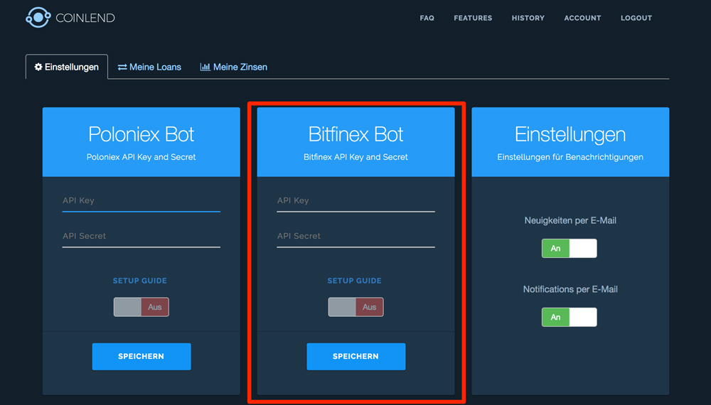 Indtast API-nøgle og secret i Coinlend.